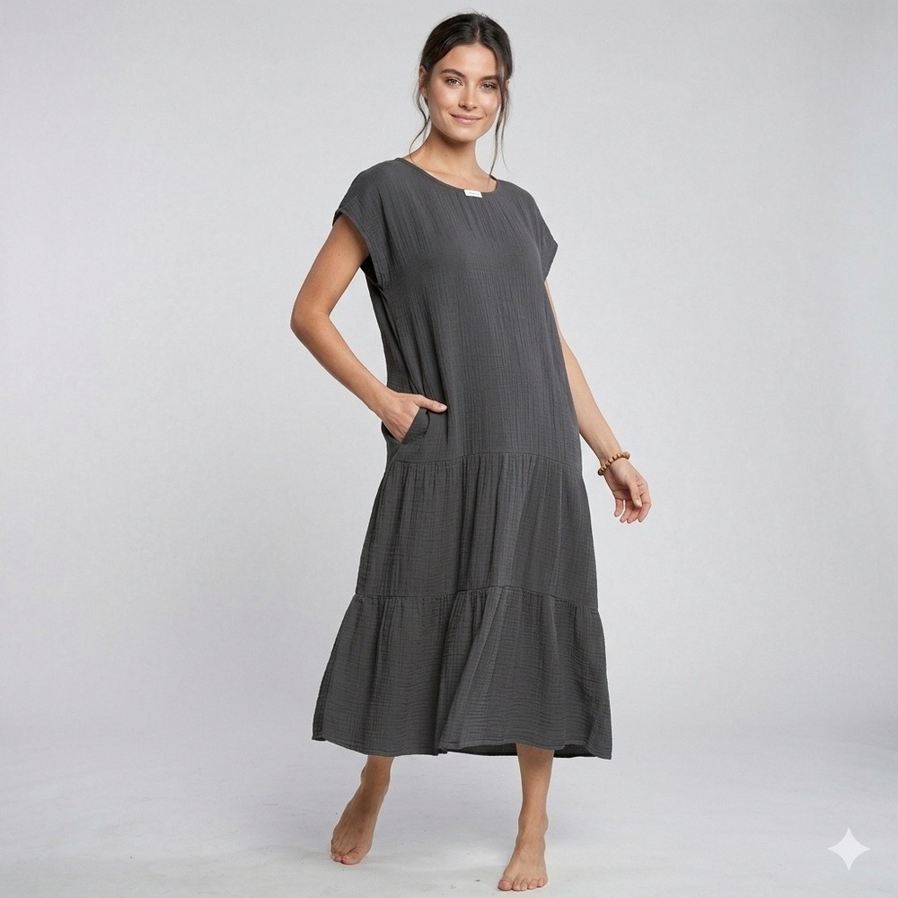 FILOSOFIA Women Charcoal Gray 100% Cotton Double Gauze Tiered Maxi Dress Large